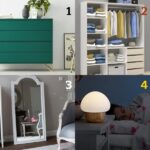 Illustration of bedside table, closet, mirror and night light